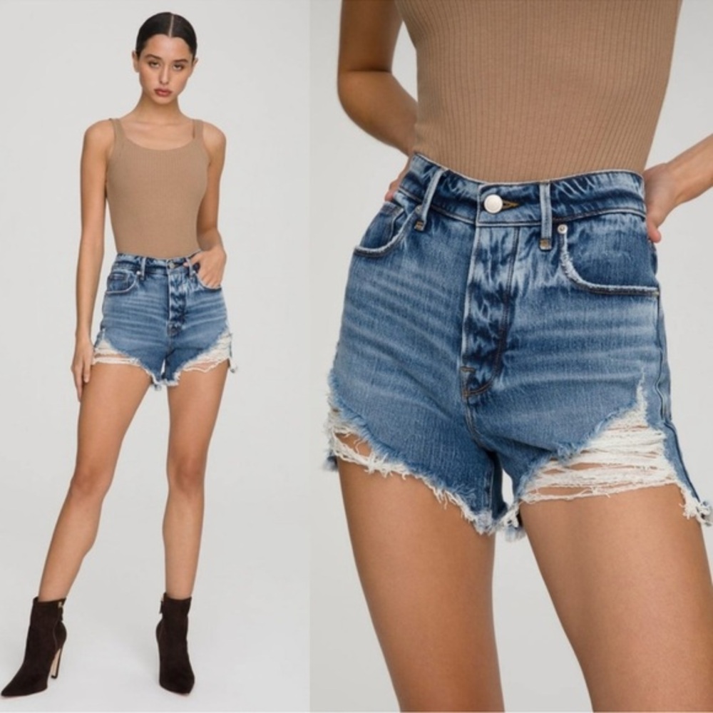 Good American Bombshell High-Rise Button Fly Distressed Jean Shorts Size 6/28